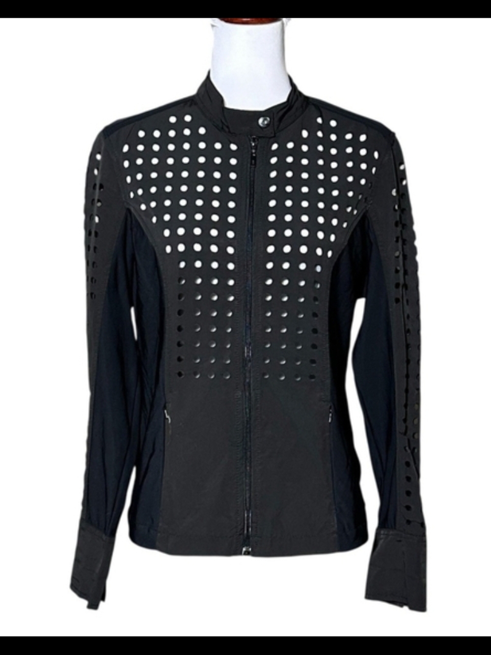 Anatomie M Black Perforated Nylon Full DBL Zip Moto Jacket Pockets Lightweight